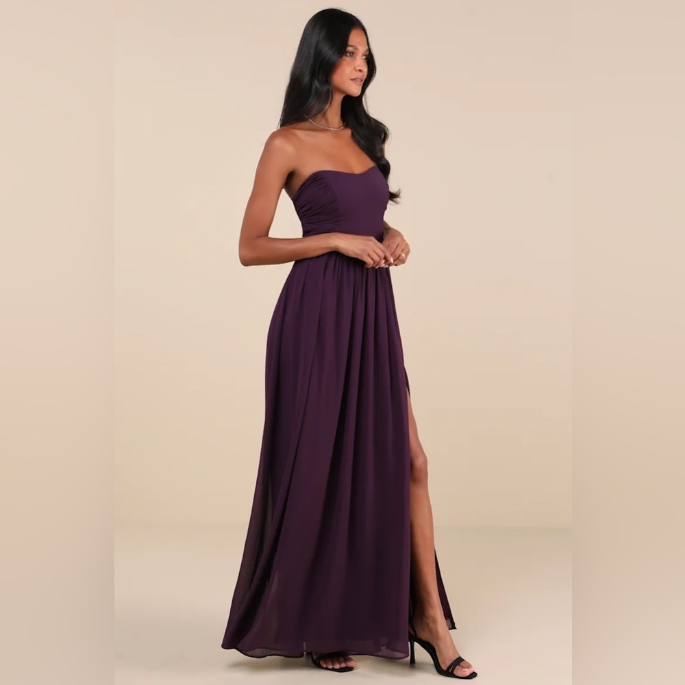 Lulus Luxe Favorite Dark Purple Strapless Ruched Maxi Dress - Picture 4 of 8